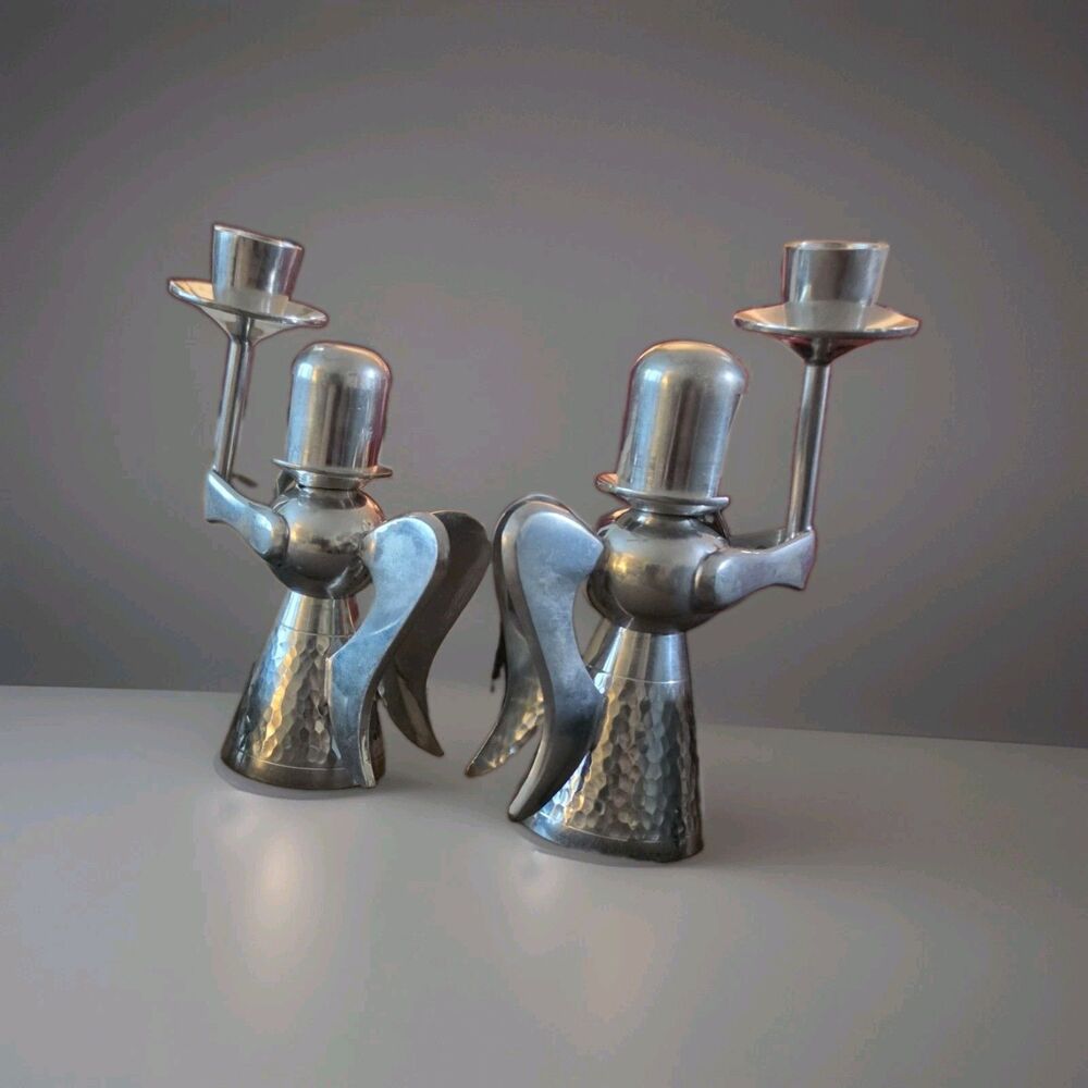 Vintage Pair Bintang Handmade Tin Pewter Angel Candle Holders Indonesia MCM